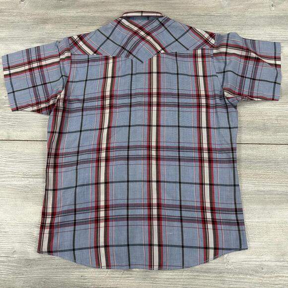 VTG Wrangler Shirt Mens Large Red White Baby Blue Pearl Snap Made USA EUC - Picture 6 of 6